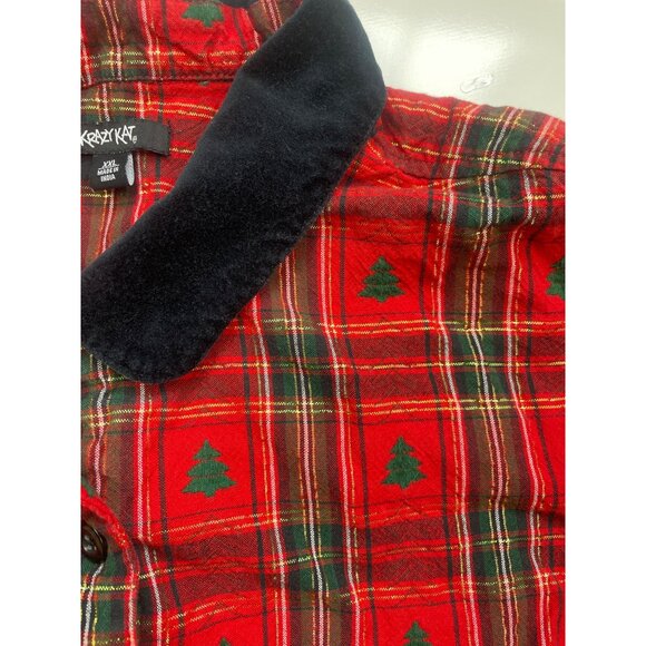 Krazy Kat XXL Red Plaid Christmas Tree Button-Down Shirt Velvet Collar - Picture 6 of 8